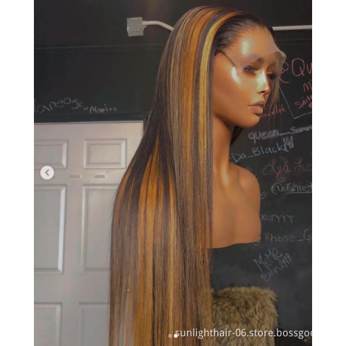 Highlight Wig Honey Brown Ombre Human Hair Wigs For Black Women 13X4 Straight Lace Front Transparent HD Lace Frontal Wigs